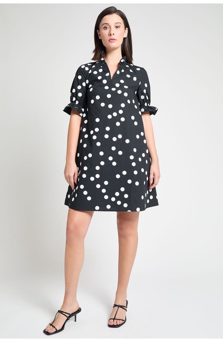 Ming Wang Modern Fit Ruffle Detail Cotton Poplin Shift Dress, Main, color, Black/White