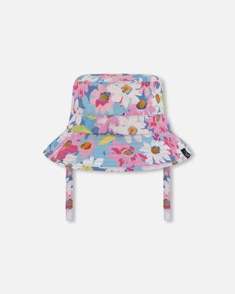 Little Girl's Printed Beach Sun Hat White, Pink, And Green Flowers