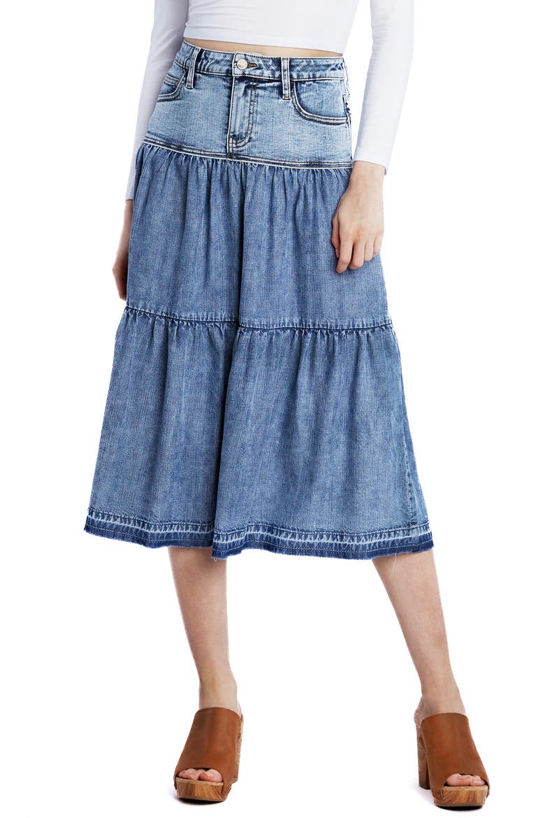 Tiered Denim Midi Skirt, Main, color, FLARE BLUE