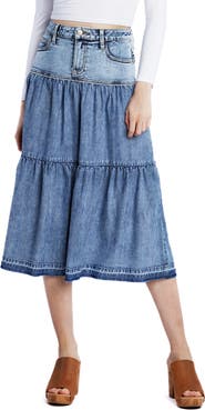 Wash Lab Denim Tiered Denim Midi Skirt