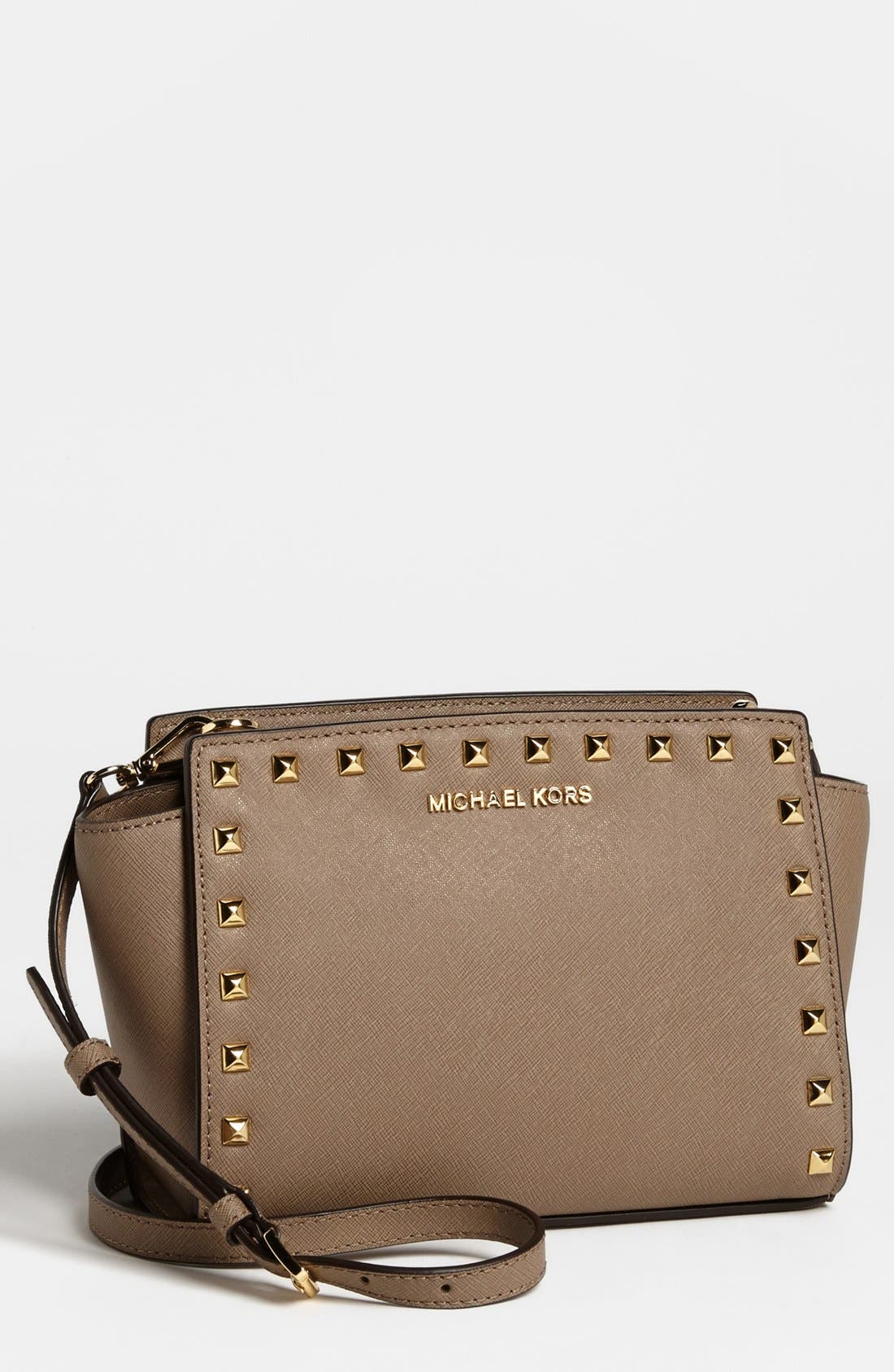 'Selma - Stud' Saffiano Leather Crossbody Bag, Main, color, DARK DUNE