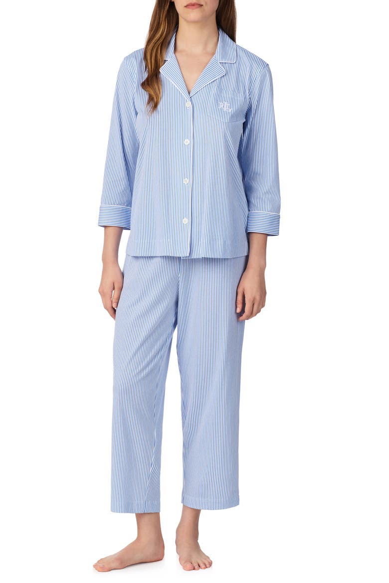 Knit Crop Cotton Pajamas, Main, color, BLUE/PRINT
