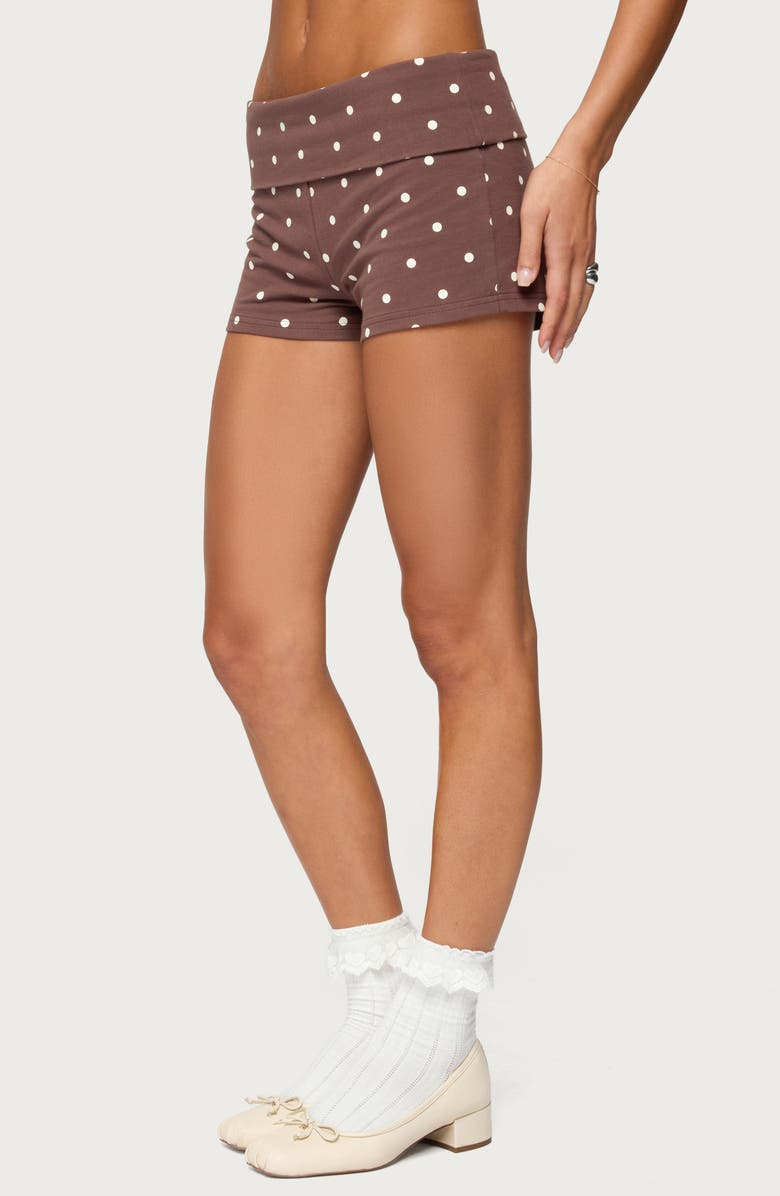 EDIKTED Chelsie Polka Dot Foldover Shorts, Alternate, color, Brown