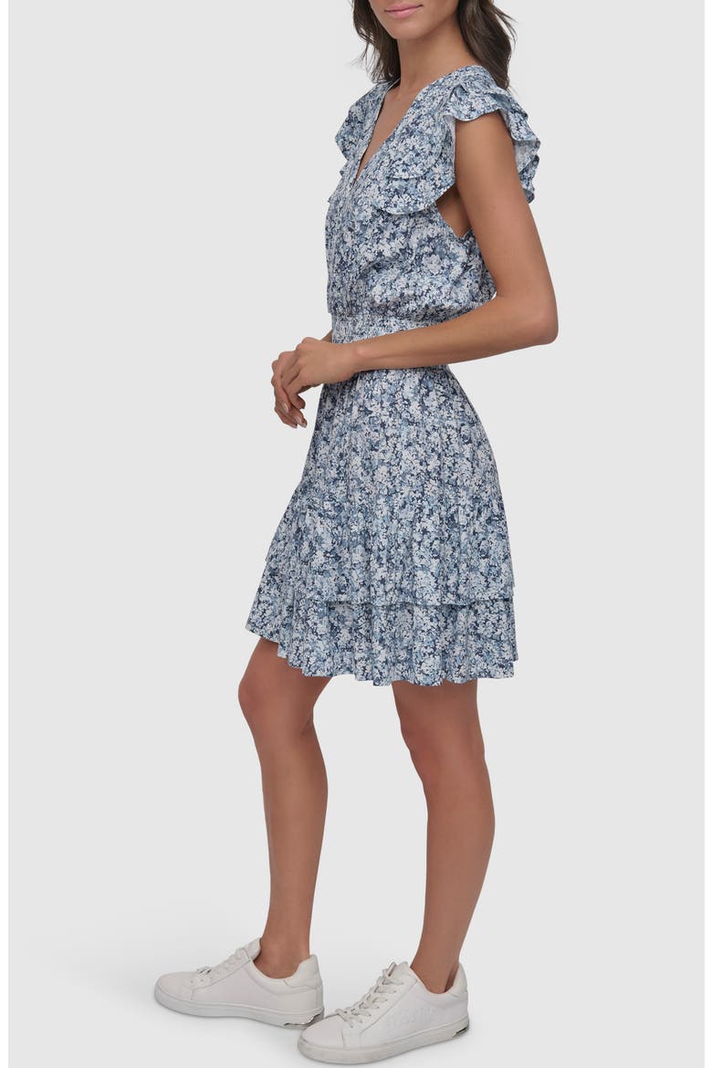 Pleated V-Neck Dress, Alternate, color, DITSY FLORAL COBALT