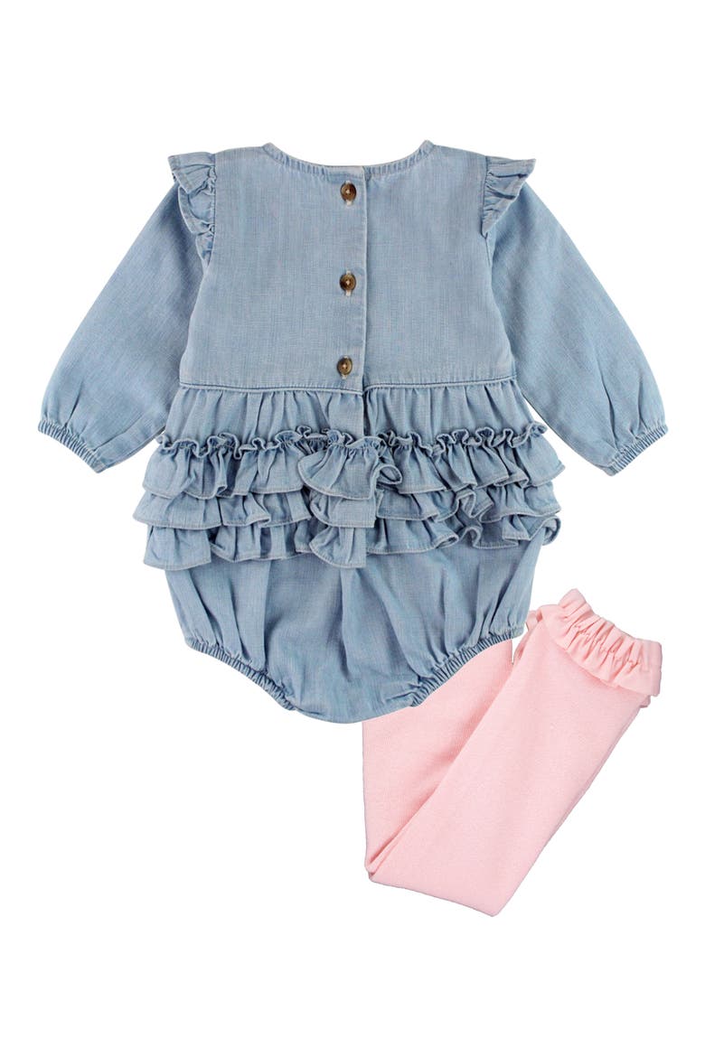 Ruffle Denim Bubble Romper & Tights Set, Alternate, color, LIGHT WASH DENIM