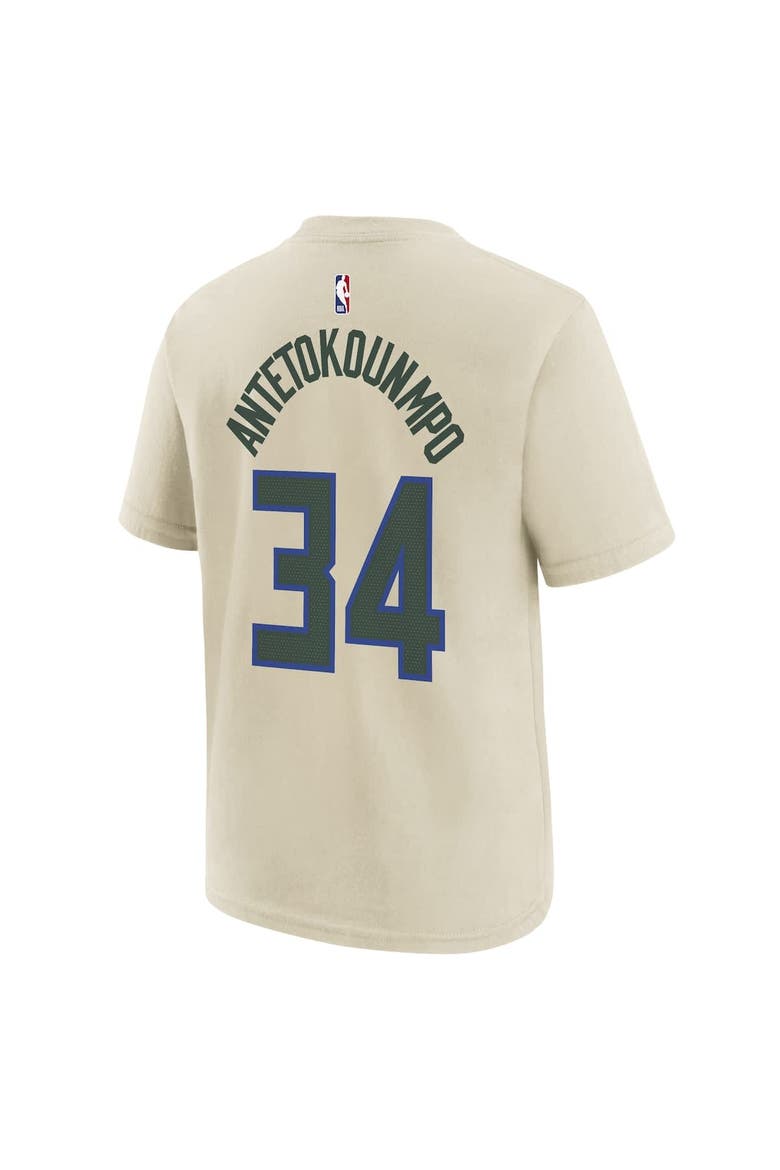 Youth Nike Giannis Antetokounmpo Cream Milwaukee Bucks 2025/26 City Edition Name & Number T-Shirt, Alternate, color, Cream