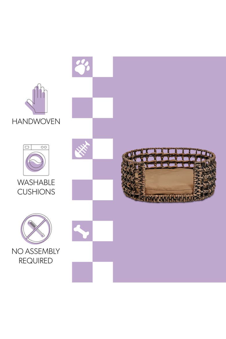 Gigi 24" x 18" Modern Handwoven Hyacinth Open-Weave Oval Pet Bed, Machine-Washable Cushion, Alternate, color, Brown