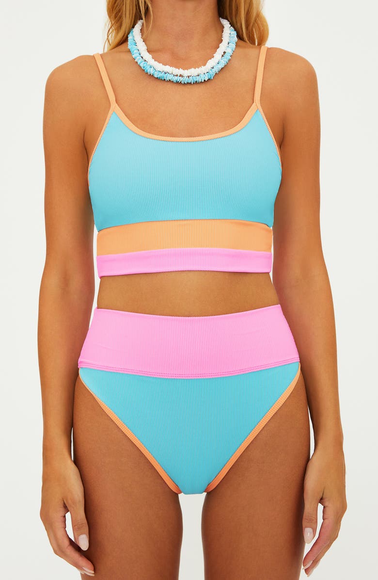 Beach Riot Emmy Colorblock High Waist Bikini Bottoms, Alternate, color, Blue/Green Crush Color