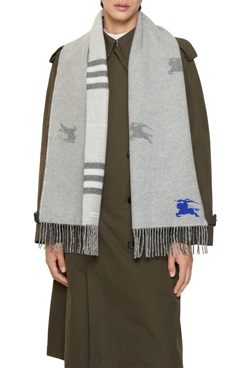 Burberry EKD Check Reversible Double Face Cashmere Fringe Scarf, Alternate, color, Mitten Grey