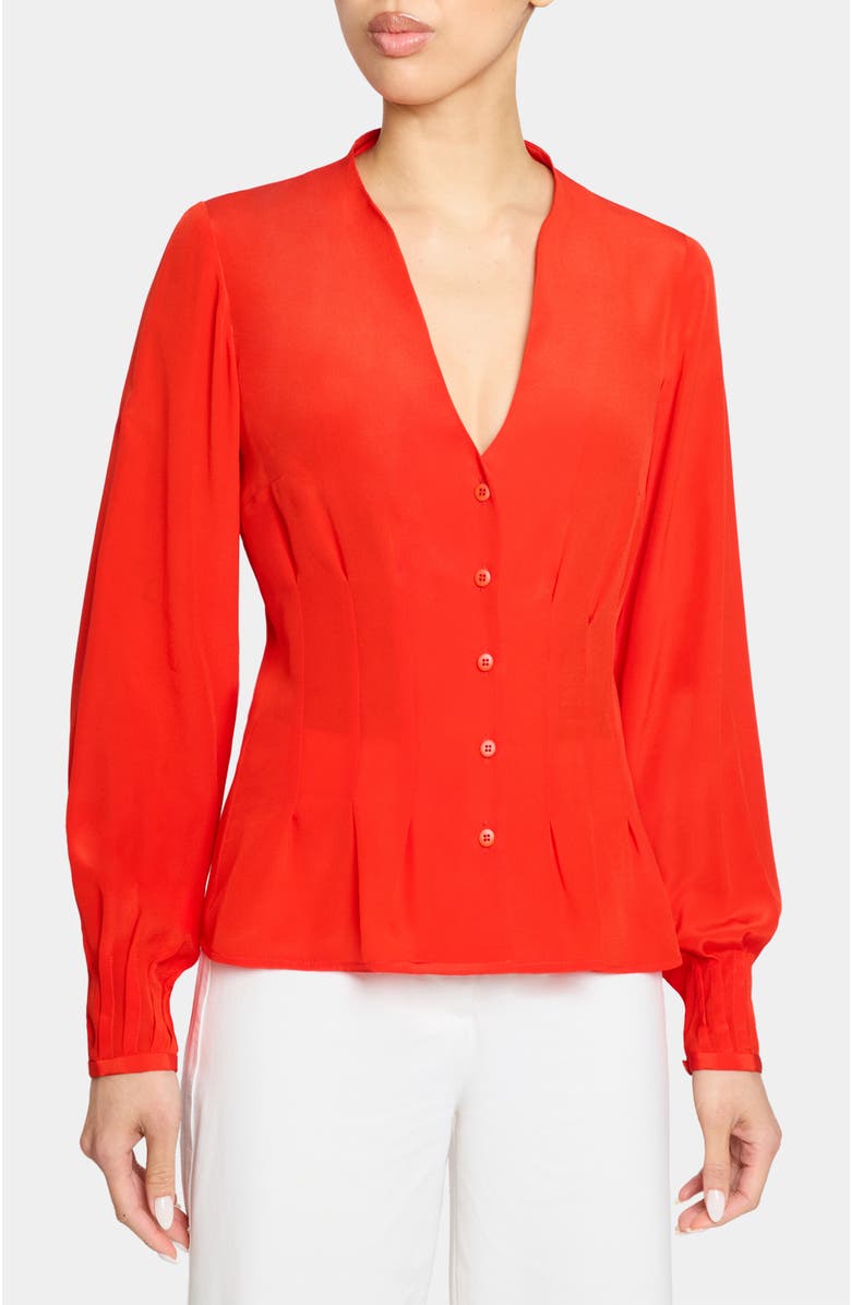 Santorelli WINNIE Long Sleeve Buttoned Blouse in Silk Crepe de Chine, Main, color, Poppy