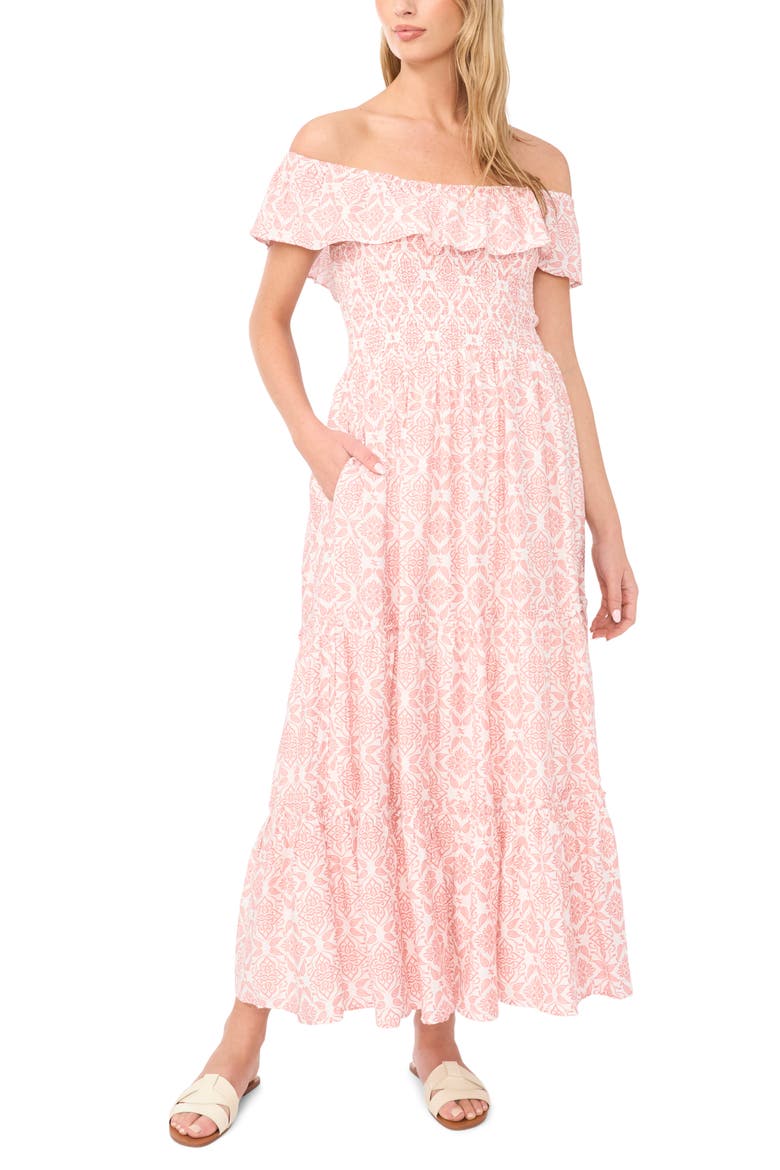 Ruffle Off the Shoulder Smocked Bodice Tiered Sundress, Main, color, ROSE HIP
