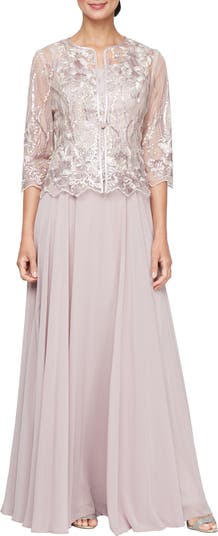 Alex Evenings Sequin Embroidered Lace Mock Two-Piece Gown with Jacket 