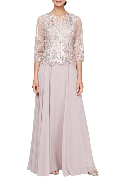Alex Evenings Sequin Embroidered Lace Mock Two-piece Gown With Jacket In Blush