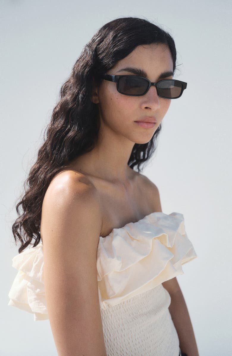 MANGO Smocked Ruffle Tube Top, Alternate, color, Ecru