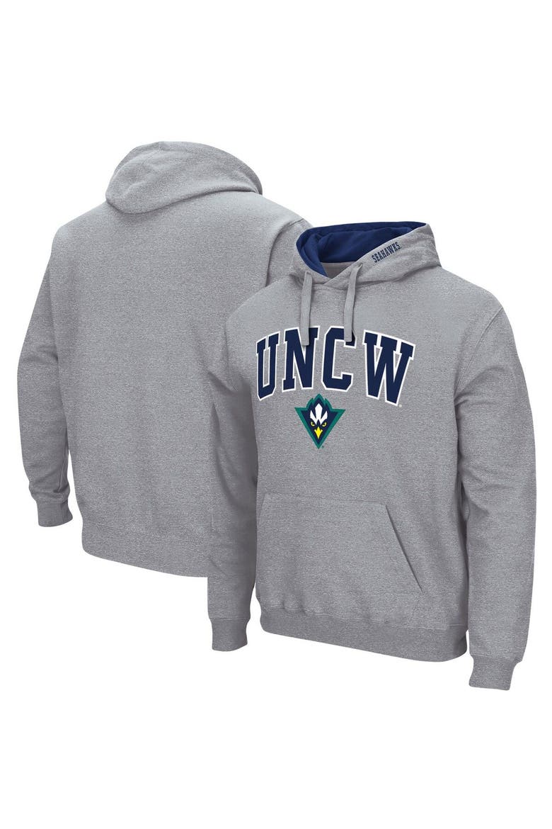 Men's Colosseum Heathered Gray UNC Wilmington Seahawks Arch and Logo Pullover Hoodie, Main, color, Heather Gray
