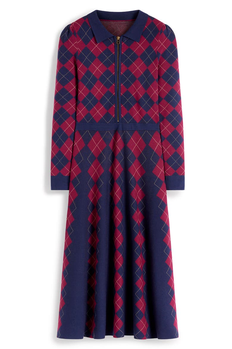 Fiona Zip Front Knitted Dress, Alternate, color, NAVY/ BURGUNDY ARGYLE