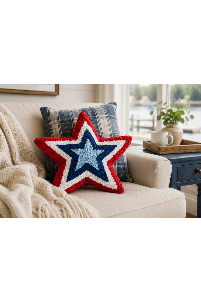 Patriotic Red White & Blue Star Shaped Hooked Accent Throw Pillow, 18" x 18", Alternate, color, Blue