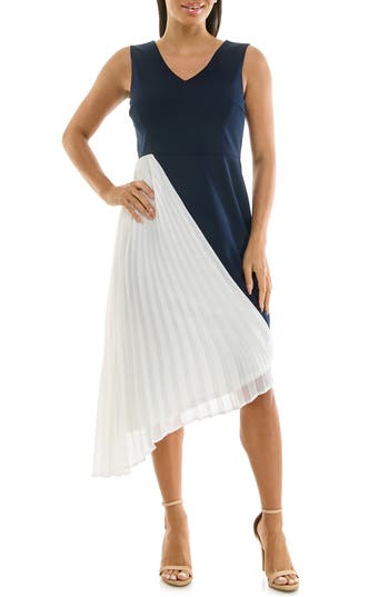 Shop Nina Leonard Asymmetric Pleated Midi Dress In Navy/ivory