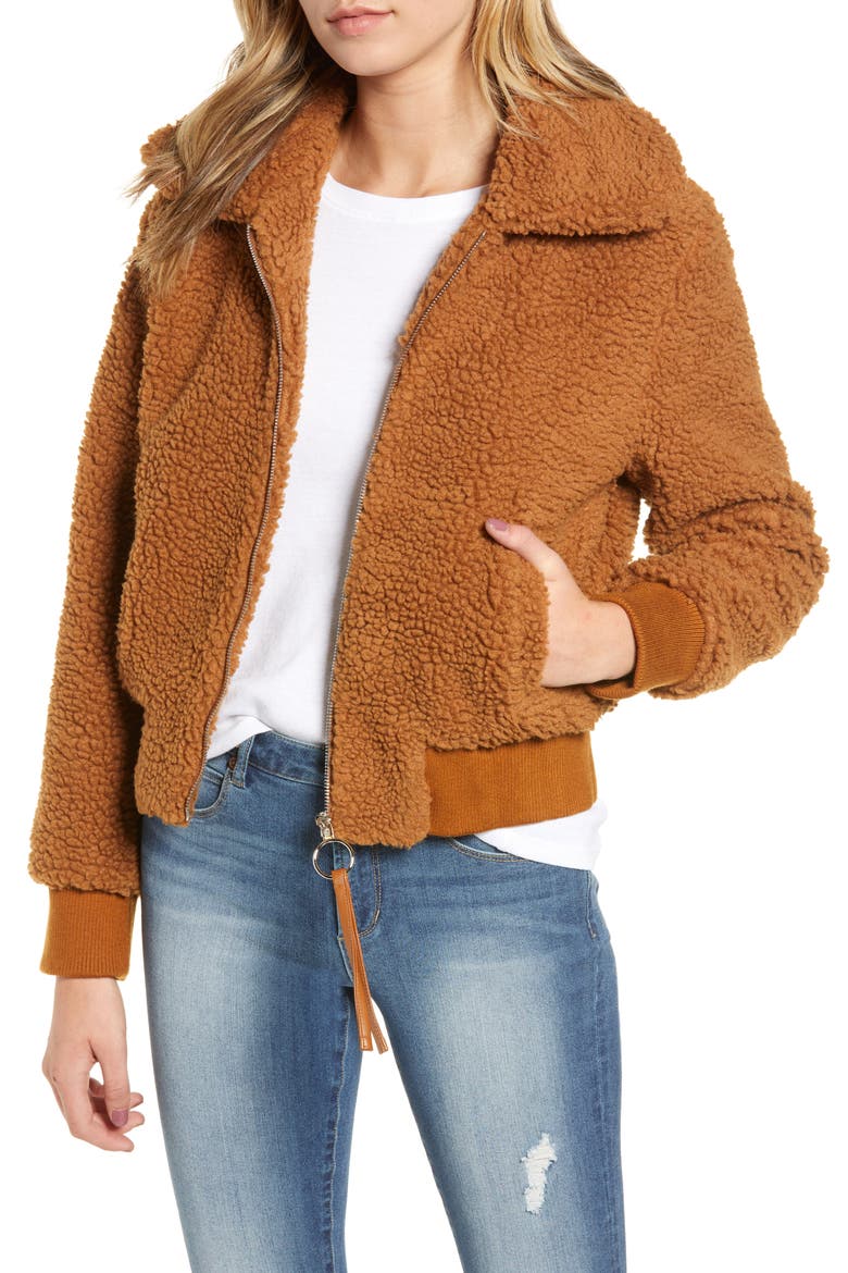 Faux Fur Bomber Jacket, Main, color, CARAMEL