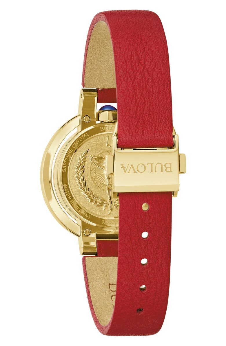 BULOVA Rubaiyat Synthetic Fire Opal Leather Strap Watch, 30.5mm, Alternate, color, Red