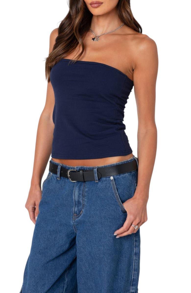 EDIKTED Stretch Cotton Tube Top, Alternate, color, Navy