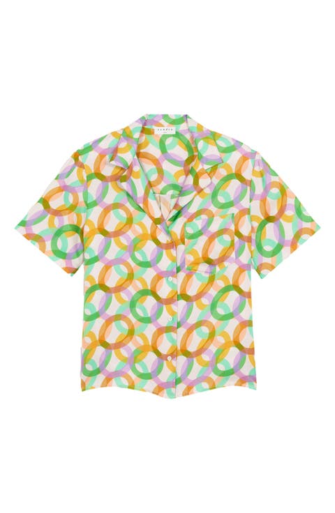 Caledonia Circle Print Short Sleeve Silk Button-Up Shirt