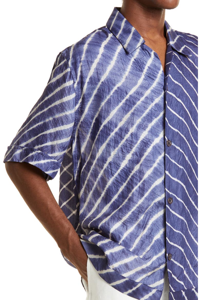 Mens' Bakhoven Tie Dye Chevron Short Sleeve Button-Up Shirt, Alternate, color, NAVY/ ECRU