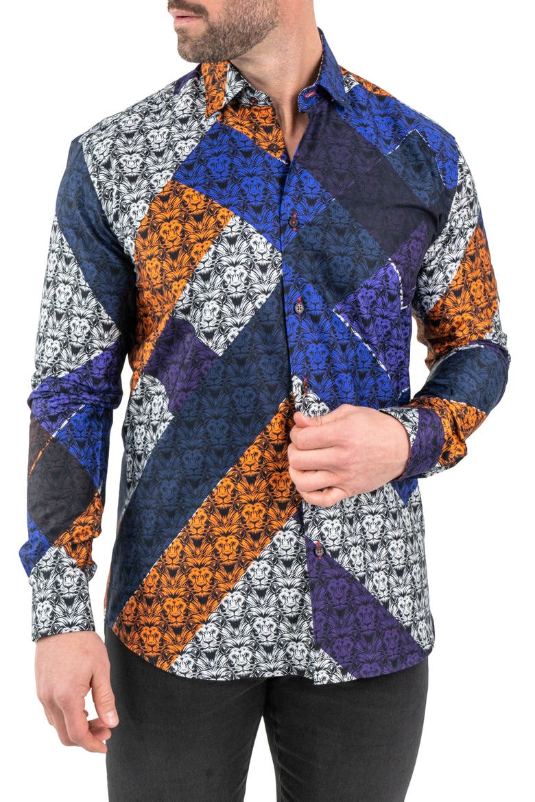 Fibonacci Lion Print Contemporary Fit Button-Up Shirt, Alternate, color, BLACK