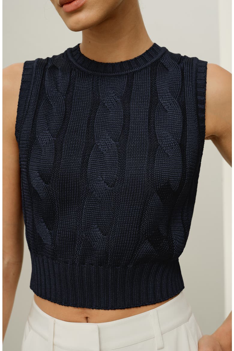 Women's Cable Knit Tussah Silk Cropped Top, Alternate, color, Navy Blue