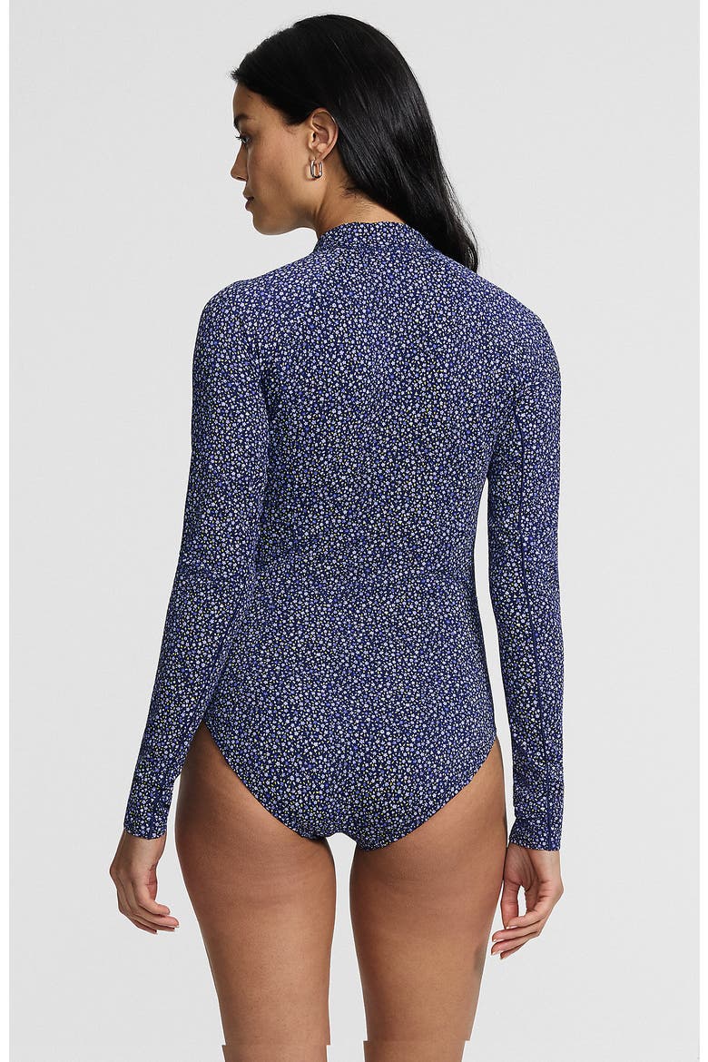 Chlorine Resistant Zip Front Long Sleeve Tugless Sporty One Piece Swimsuit, Alternate, color, Navy/Blue Ditsy Floral