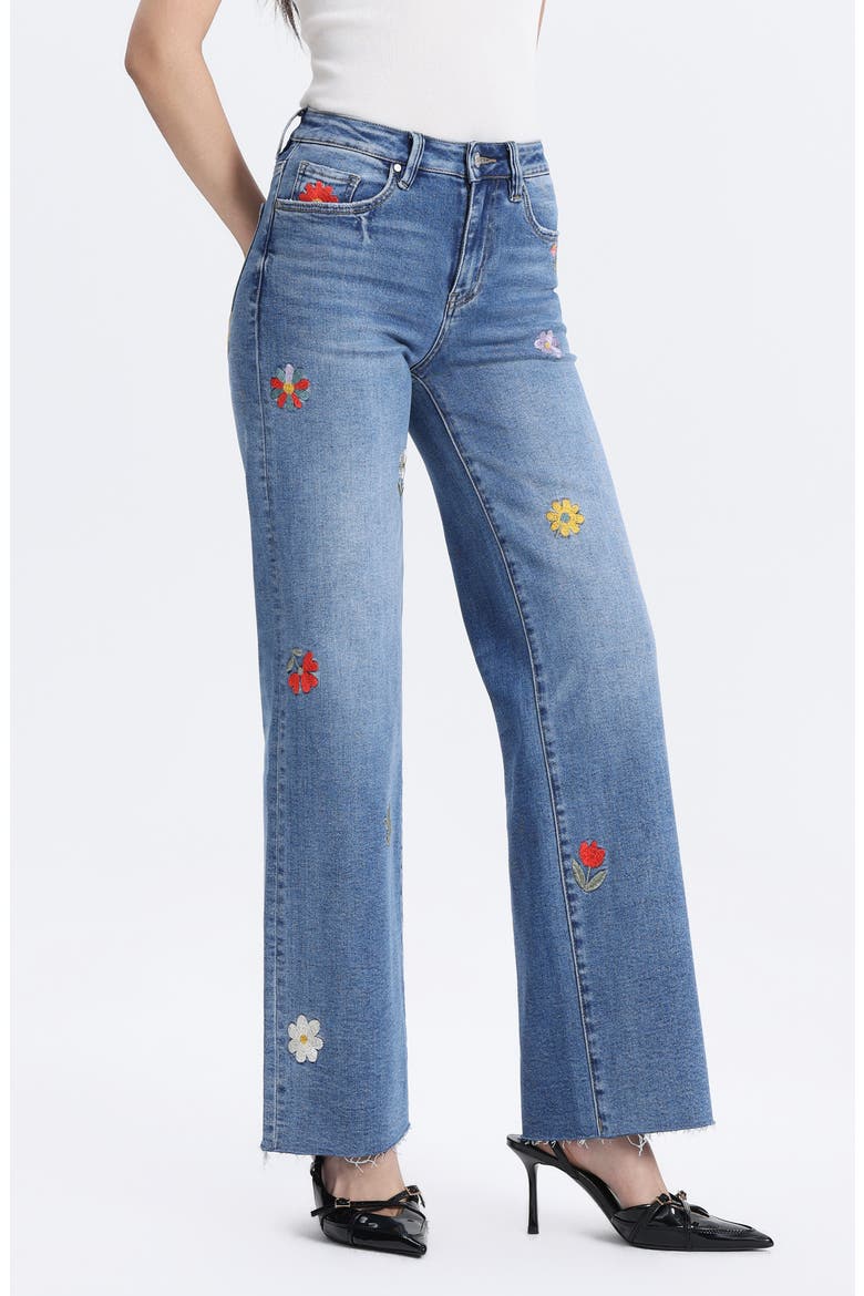 Embroidered Raw Hem Mid Rise Wide Leg Jeans, Alternate, color, MEDIUM BLUE