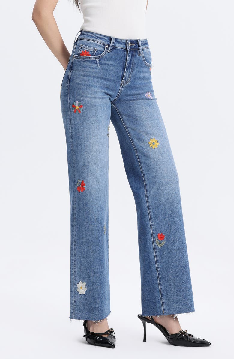 Bayeas Embroidered Raw Hem Mid Rise Wide Leg Jeans, Alternate, color,