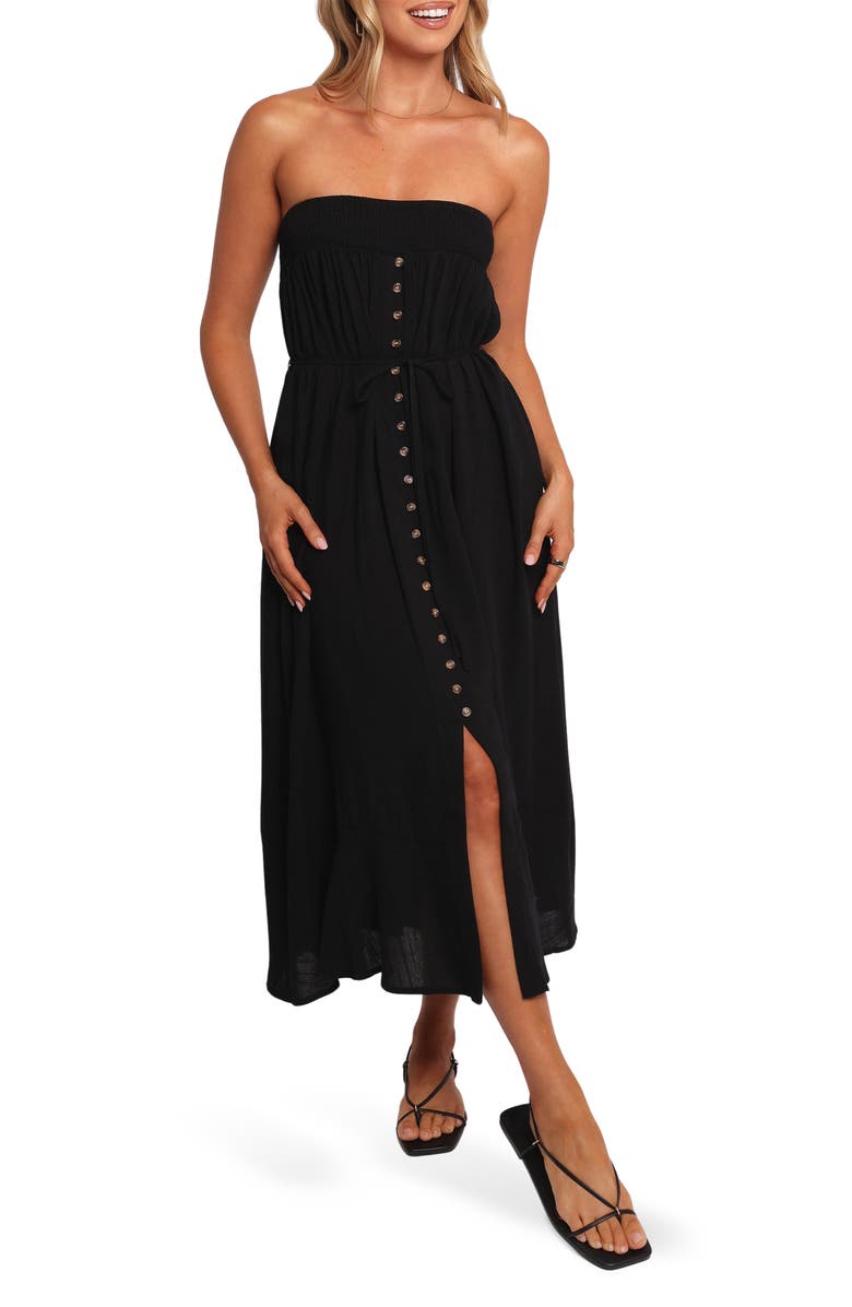 Petal & Pup Nerea Strapless Linen & Cotton Dress, Main, color, Black