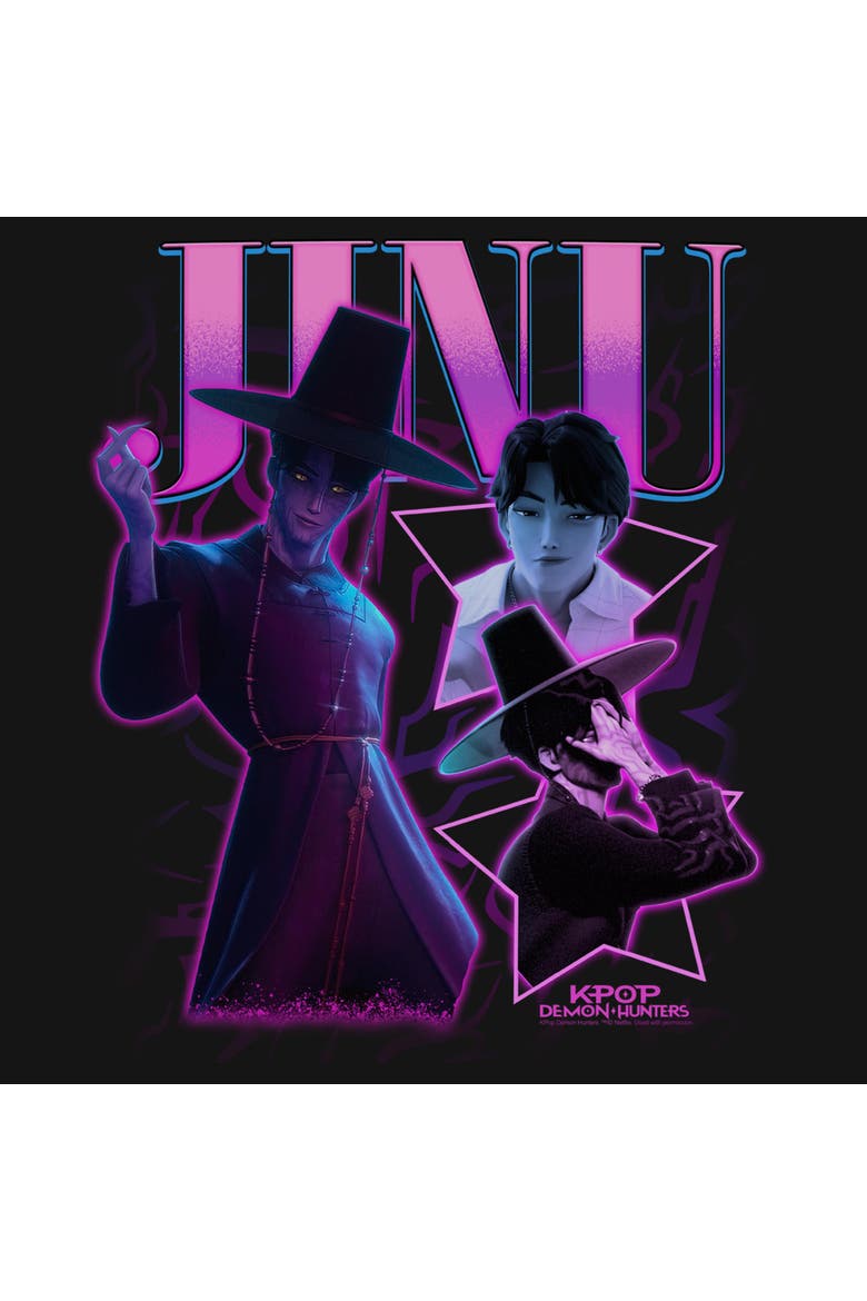 Junior's KPop Demon Hunters Jinu Saja Collage Stars  Sweatshirt, Alternate, color, Black
