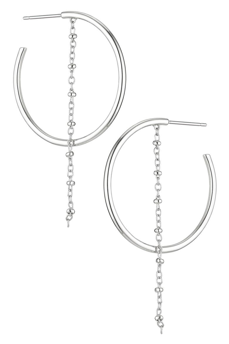 Station Chain Drop Hoop Earrings, Main, color, RHODIUM