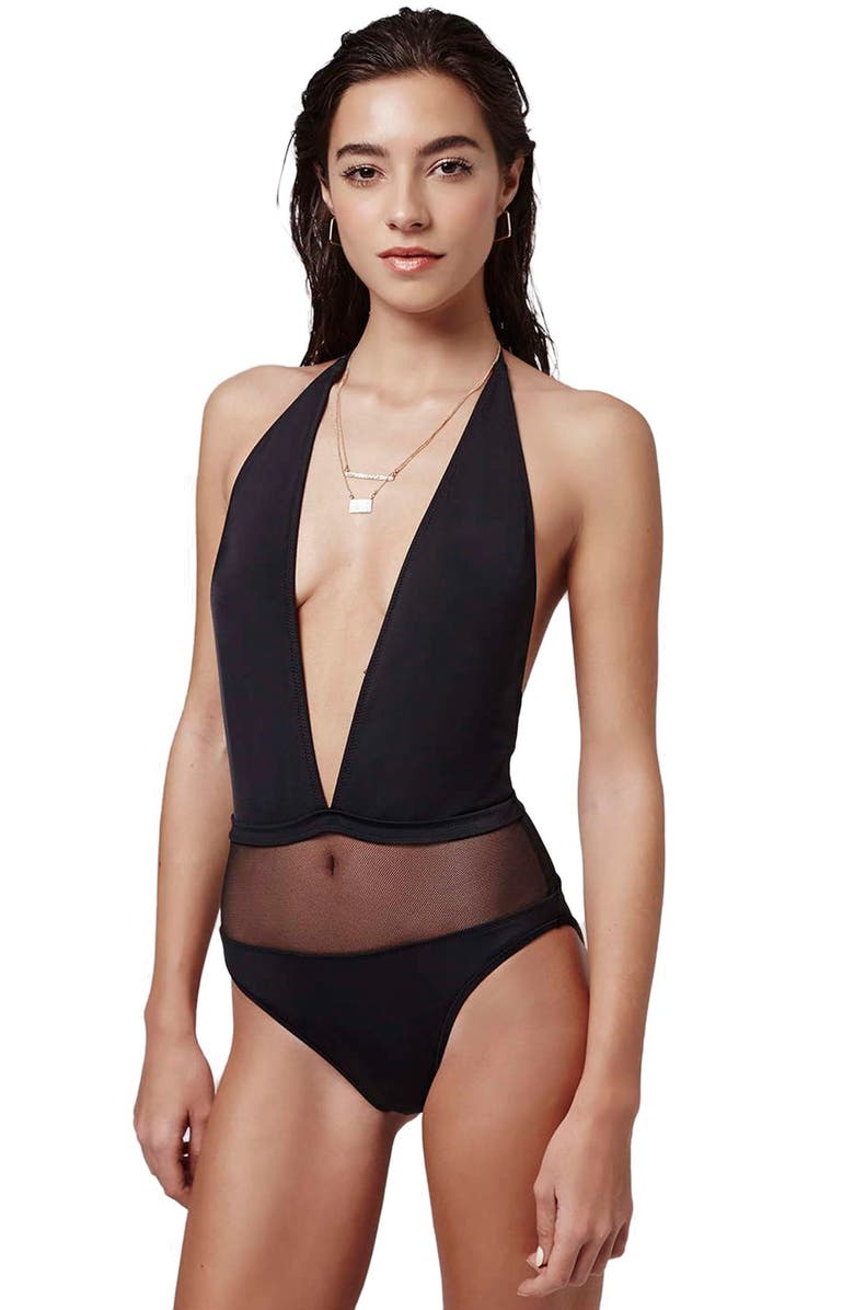 Topshop Plunging Halter Swimsuit with Sheer Mesh Panel, Alternate, color, 