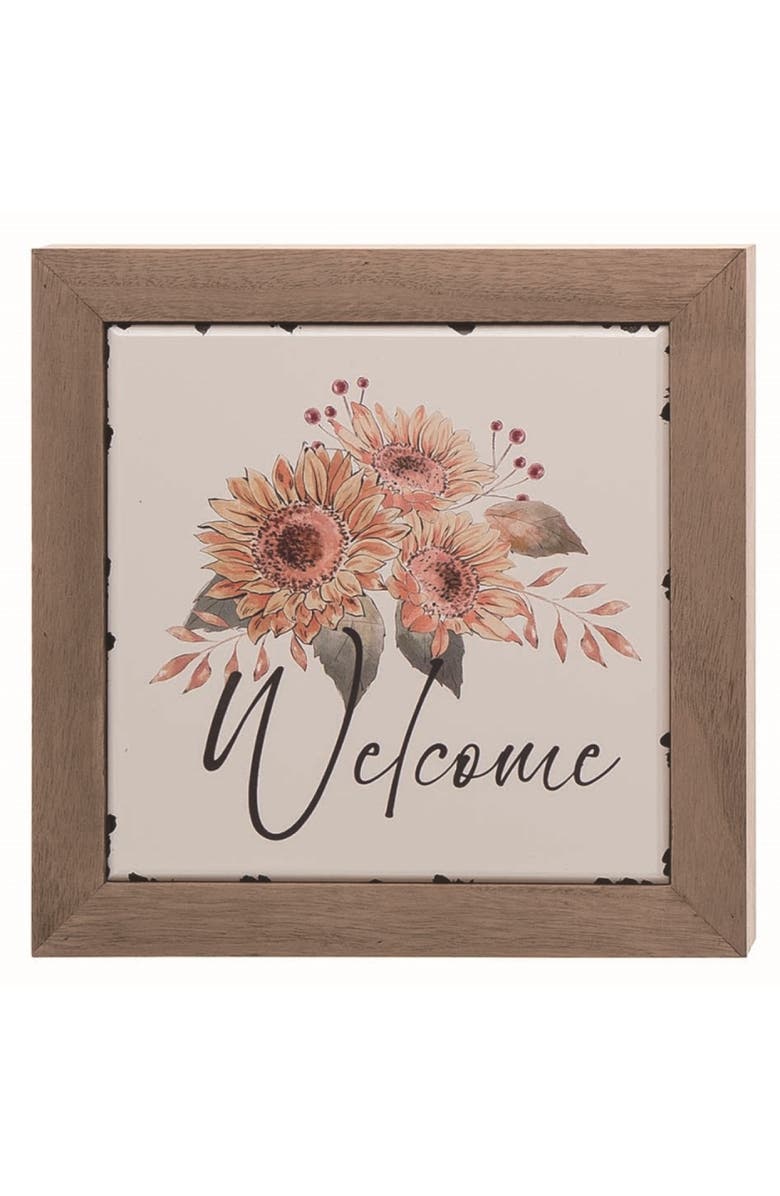 Transpac Wood Multicolor Autumn Welcome Sunflower Bloom Decor, Main, color, Beige