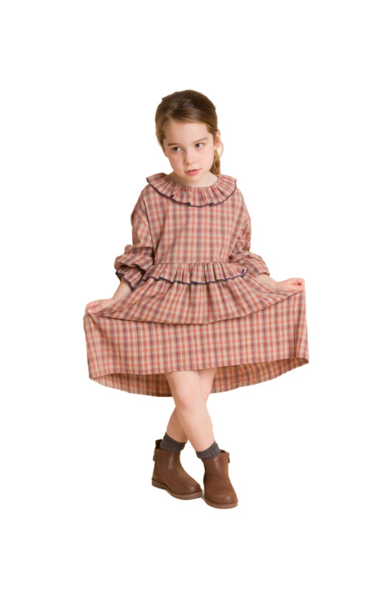 Beet World Girls' Ruffle Collar Long Sleeve Dress, Main, color, Red And Blue