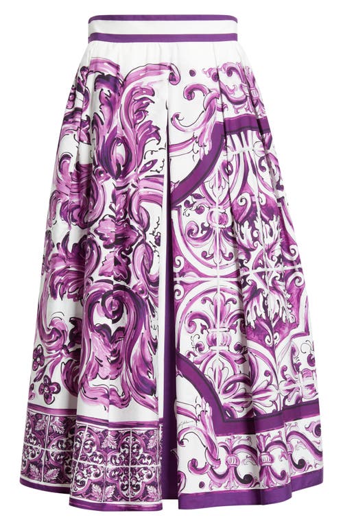 Dolce & Gabbana Purple Maiolica Print Skirt In Poplin In Purple