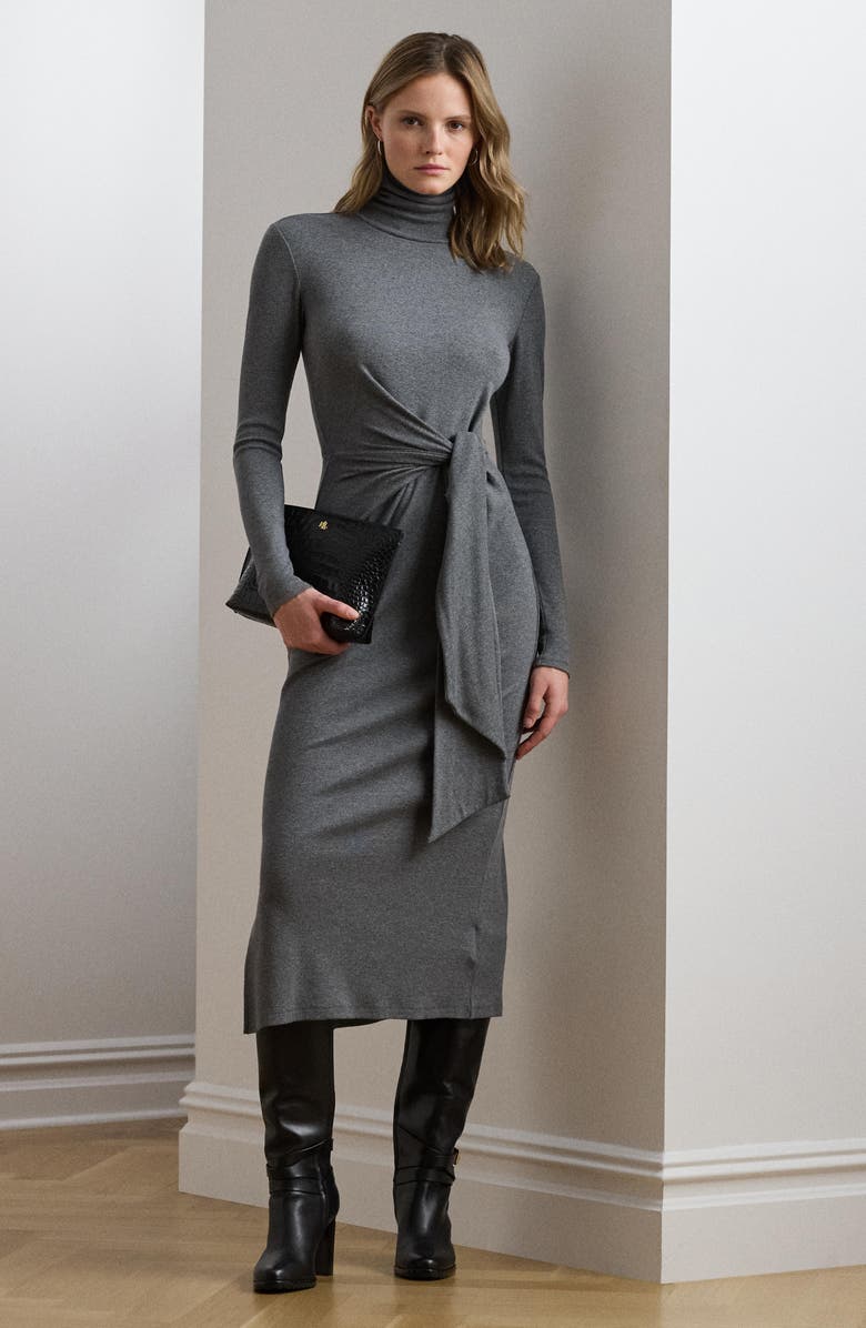 Lauren Ralph Lauren Turtleneck Tie Waist Long Sleeve Rib Cotton Blend Midi Dress, Alternate, color,