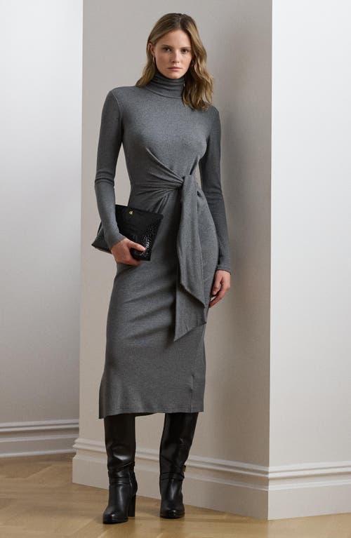 Ralph Lauren Lauren Turtleneck Tie Waist Long Sleeve Rib Cotton Blend Midi Dress In Gray