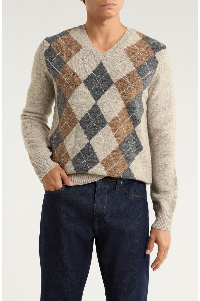 Donegal Argyle V-Neck Sweater, Main, color, TAN DONEGAL ARGYLE