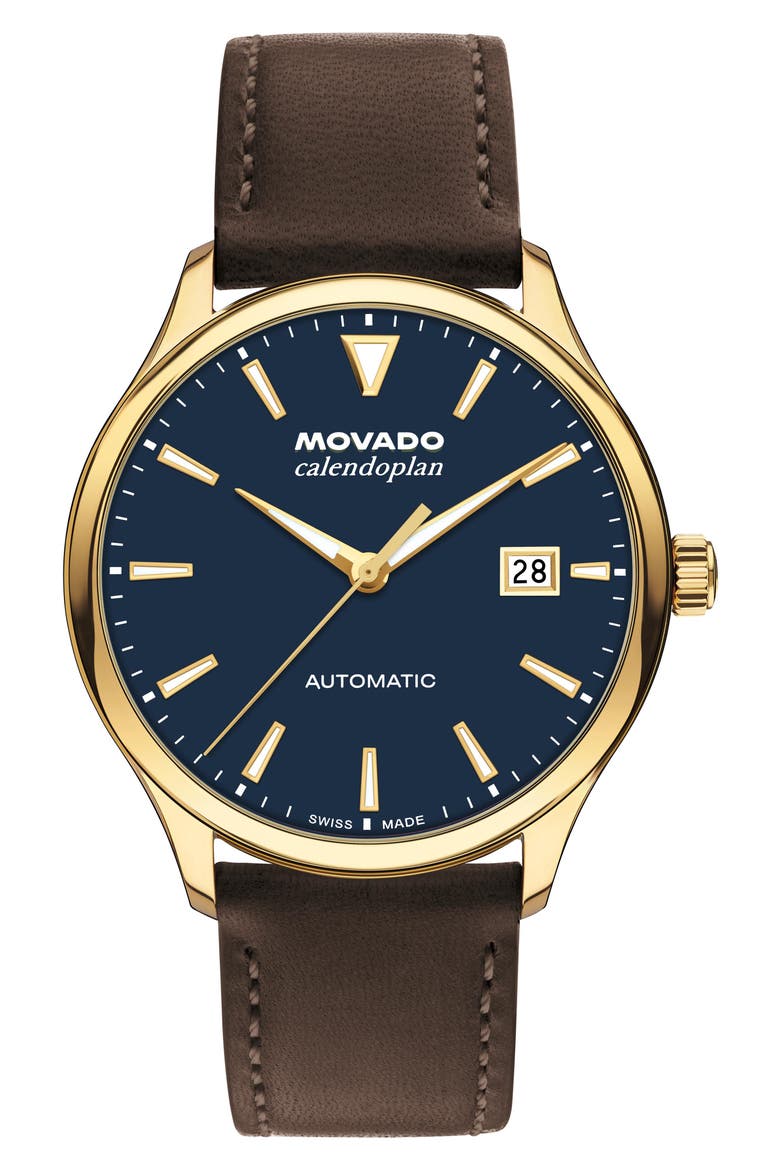 Calendoplan Automatic Leather Strap Watch, 40mm, Main, color, BLUE