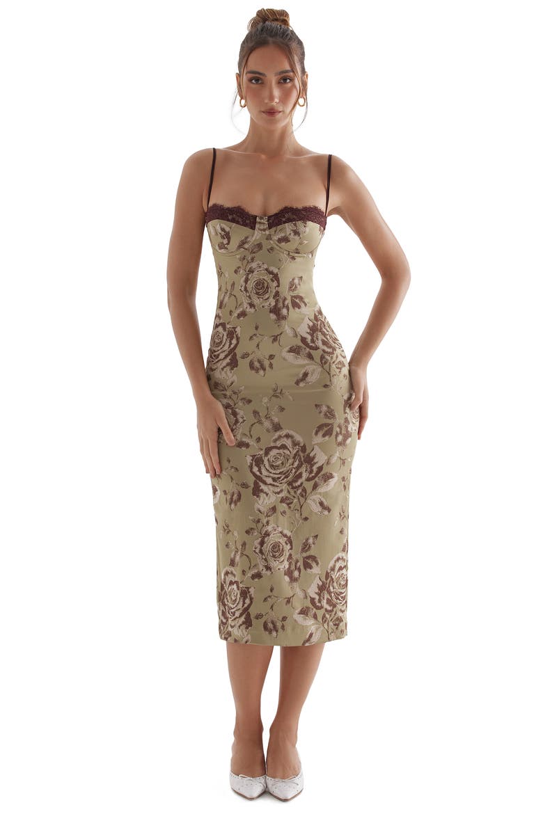 Cassia Lace Corset Midi Dress, Alternate, color, OLIVE