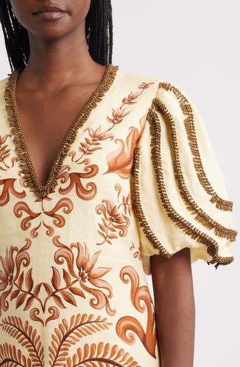 Milani Bead Trim Mixed Print Linen Maxi Dress