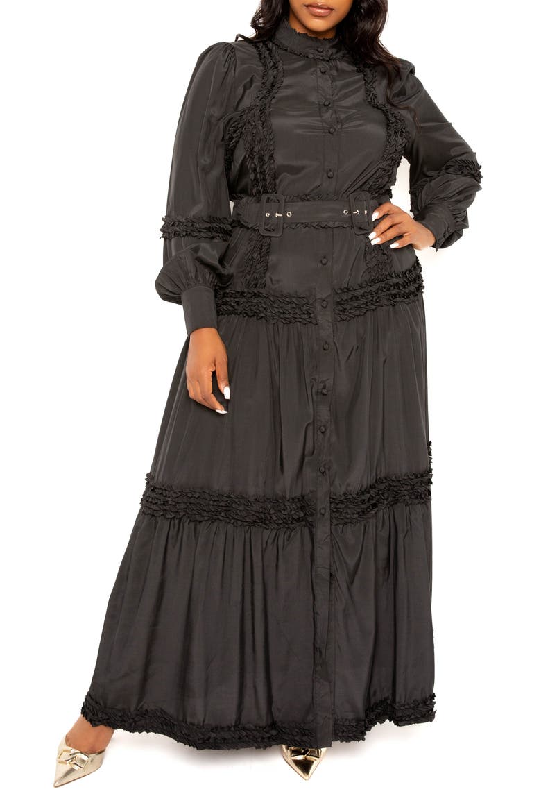 Ruffled Belted Long Sleeve Maxi Dress, Main, color, BLACK