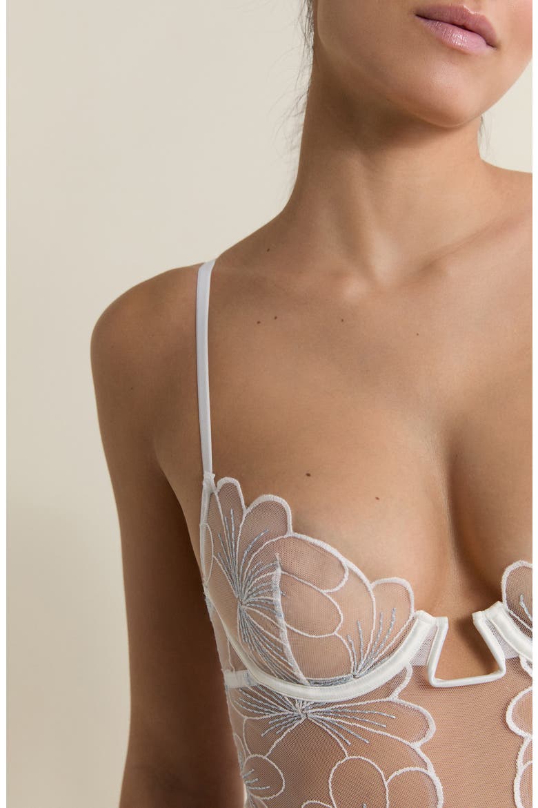 Camelia Embroidered Underwire Bodysuit, Alternate, color, WHITE