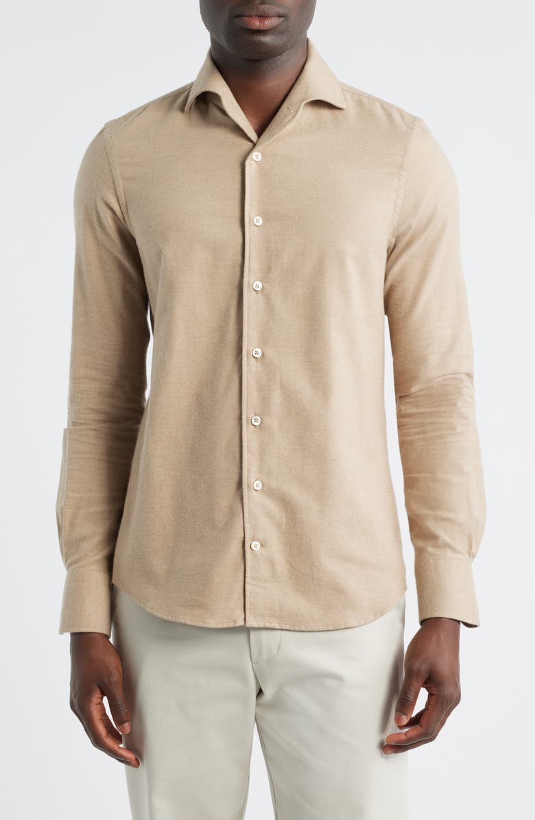 Aurélien Slim Fit Camp Collar Cotton & Cashmere Flannel Button-Up Shirt, Main, color, Beige