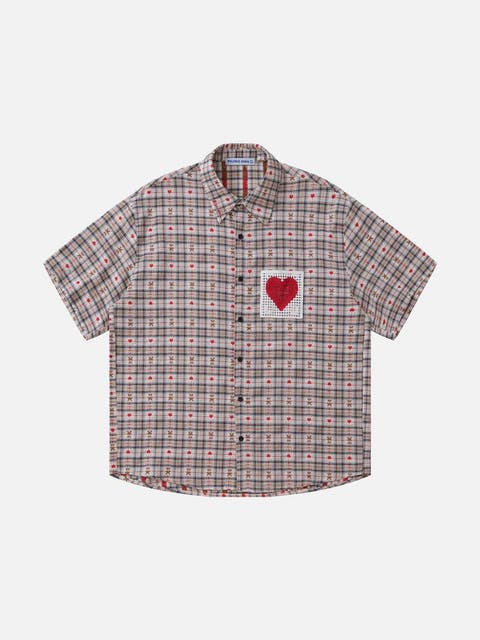 Crochet Heart Pocket Plaid Shirt