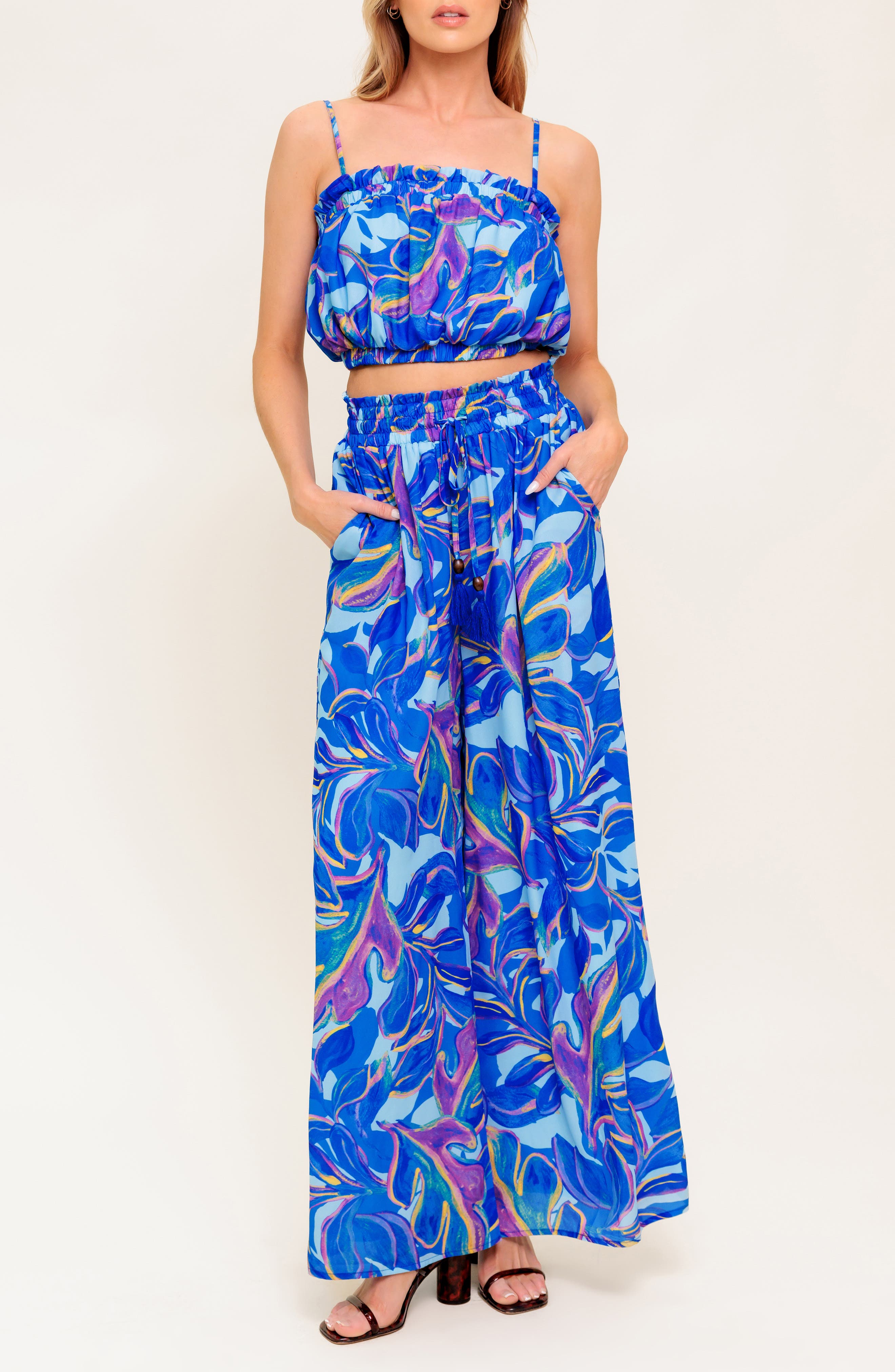 FLYING TOMATO Print Bubble Crop Top & Wide Leg Pants Set